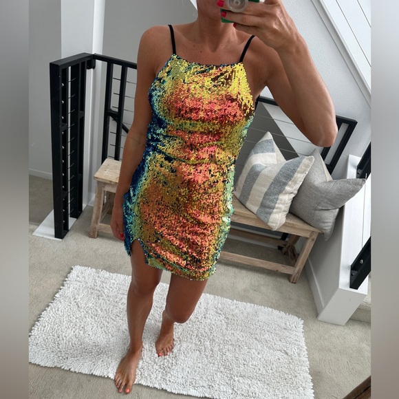 REVOLVE about us sequin mini dress open back orange/yellow formal party event S - Picture 4 of 14